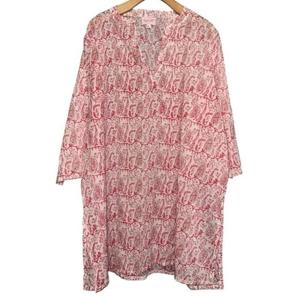 Top it Off Women’s Size XL Pink White Cotton Split Neck Midi Cover Up